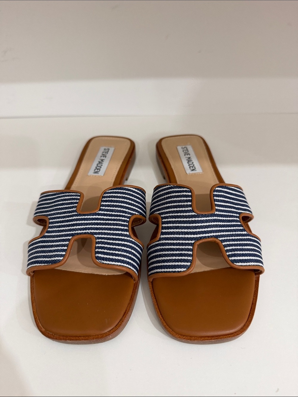 Steve Madden Navy and White Striped Slide Sandals with Tan Footbed